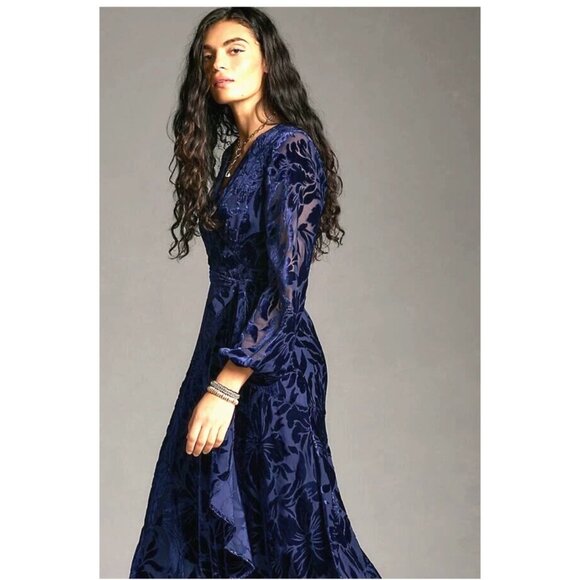Anthropologie Hutch Long Sleeve Velvet Wrap Maxi Dress Size M NWT Burnout Navy - Picture 1 of 16